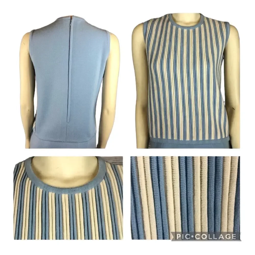 Vintage Gino Paoli 1960s Italian Wool 3-Piece Skirt Suit Set Blue Stripe Top S-M